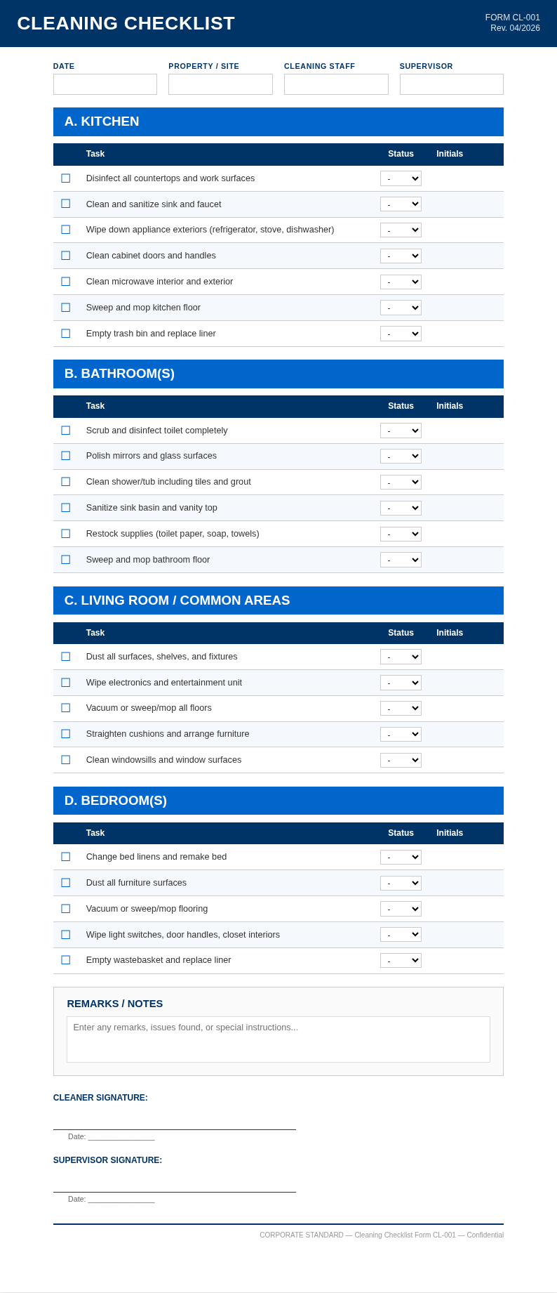 Corporate standard cleaning checklist